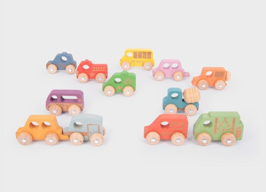 Rainbow Wooden Vehicles – Set of 12 - louisekool